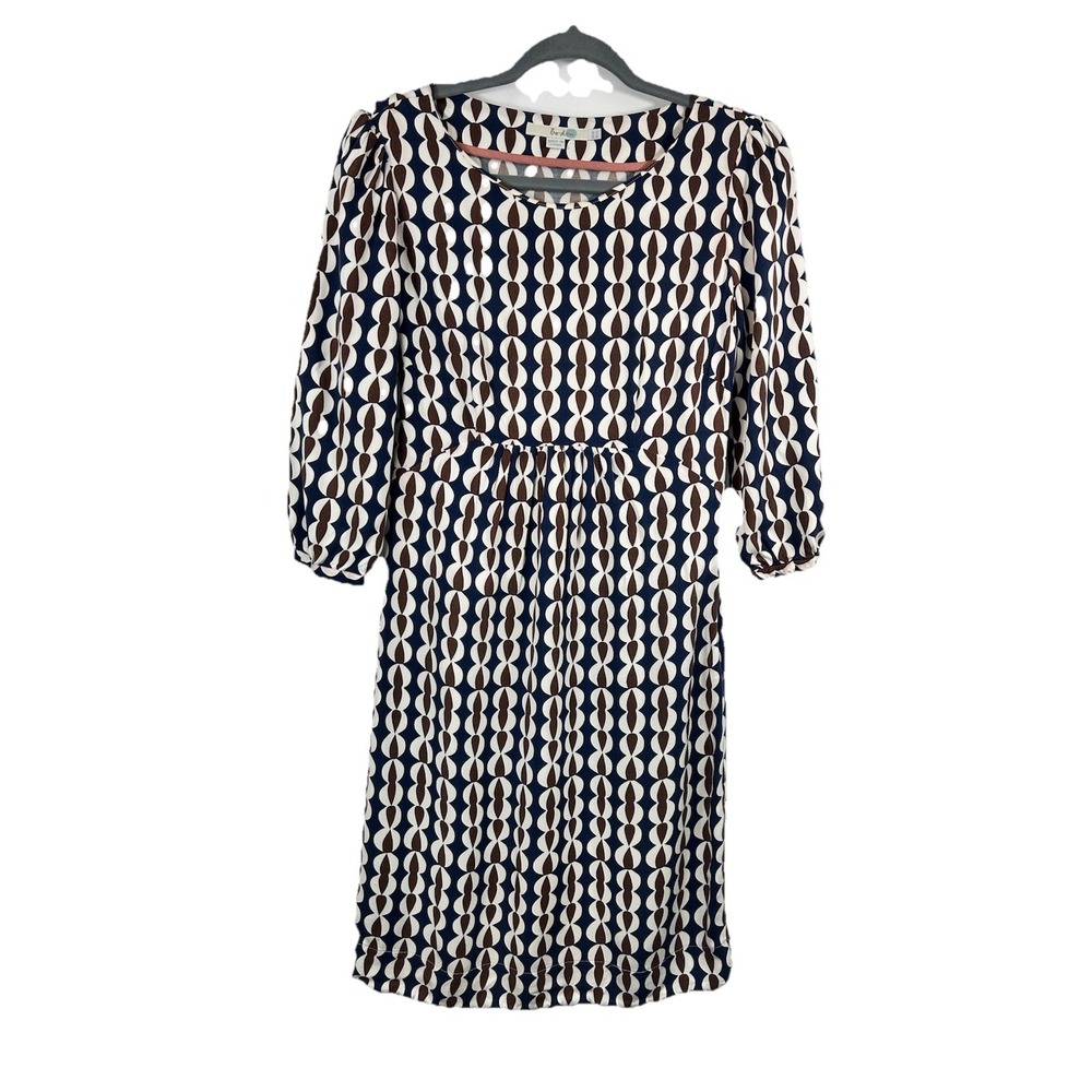 Boden Retro 60s Style‎ Geometric Jersey Dress Blue Brown Mod Aesthetic Size 4L
